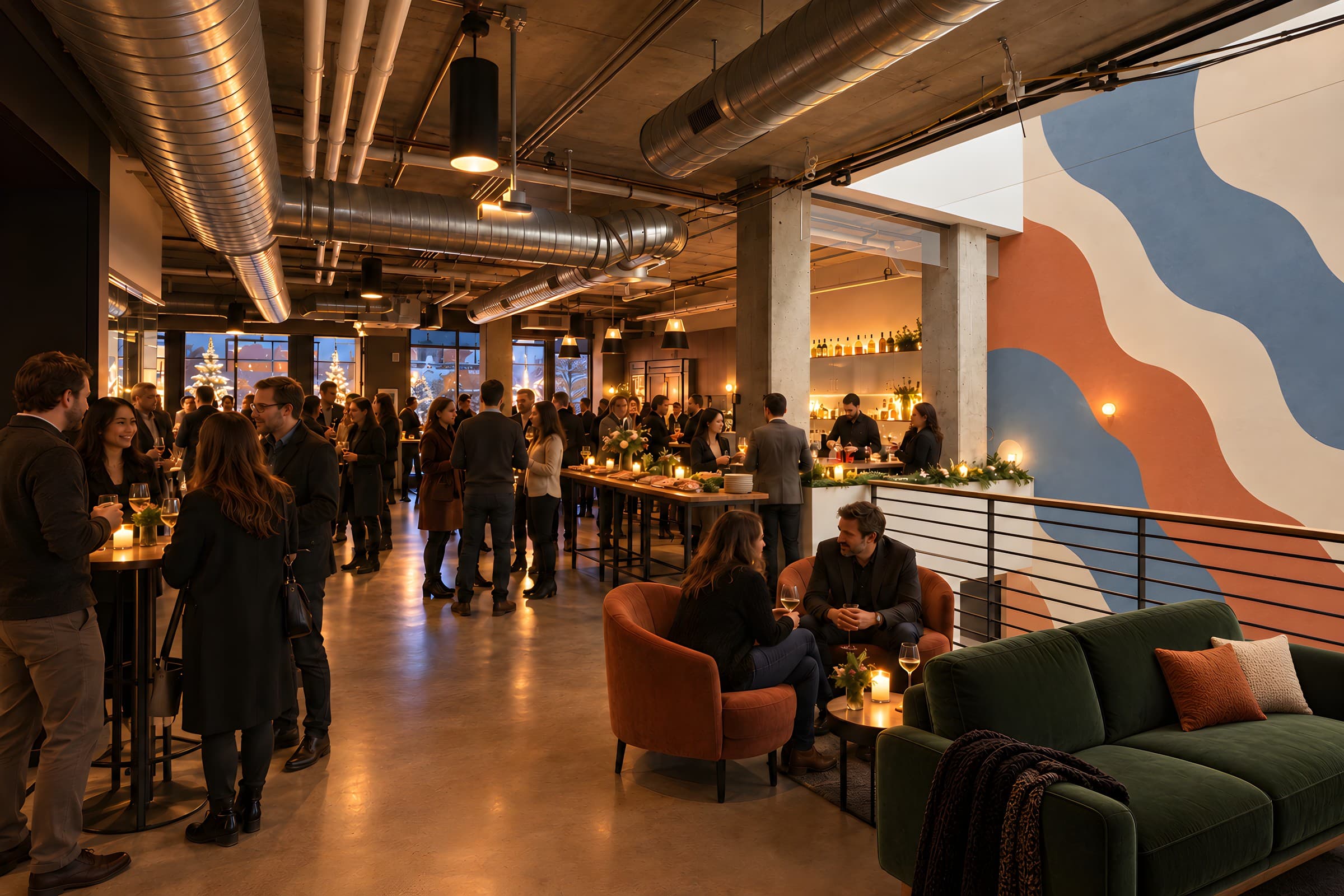 Concept rendering: a private house party in the Walnut level two kitchen bar